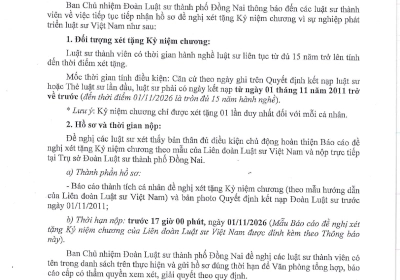 THÔNG BÁO TIẾP TỤC NHẬN HỒ SƠ ĐỀ NGHỊ XÉT TẶNG KỶ NIỆM CHƯƠNG VÌ SỰ NGHIỆP PHÁT TRIỂN LUẬT SƯ VIỆT NAM 