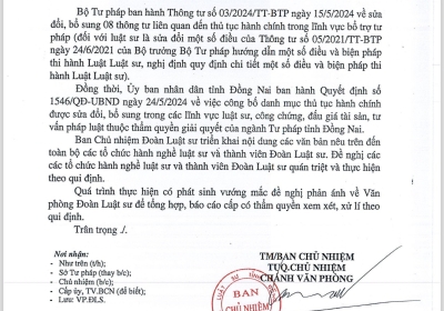 Công văn số 65/2024/CV.ĐLS ngày 29/5/2024 của Ban Chủ nhiệm Đoàn Luật sư triển khai Thông tư số 03/2024/TT-BTP ngày 15/5/2024 của Bộ Tư pháp và Quyết định số 1546/QĐ-UBND ngày 24/5/2024 của UBND tỉnh