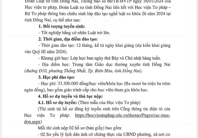 Thông báo: Chiêu sinh lớp Đào tạo nghề luật sư tại tỉnh Đồng Nai