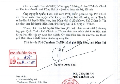 Thông báo số 1911 của TAND thành phố Biên Hòa v/v giới thiệu chức vụ và chữ ký Phó Chánh án TAND thành phố Biên Hòa