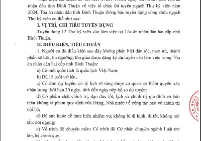 Tòa án nhân dân tỉnh Bình thông báo tuyển dụng công chức ngạch Thư ký viên.