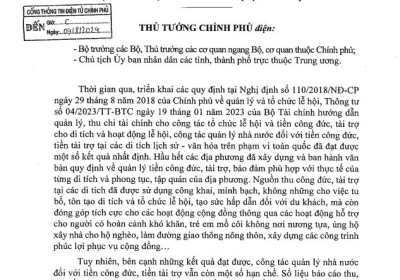 Công Điện V/v Tăng cường công tác quản lý nhà nước đối với tiền công đức, tiền tài trợ tại các di tích lịch sử - văn hóa trên phạm vi toàn quốc
