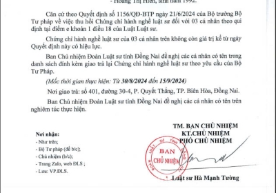 Văn bản số 96/2024/CV.ĐLS "V/v thu hồi Chứng chỉ hành nghề luật sư"