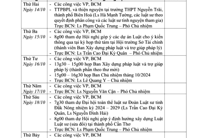 Lịch công tác và trực tuần (từ ngày 14/10/2024 - 19/10/2024)