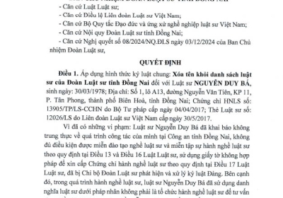 QĐ số 17 V/v XÓA TÊN LUẬT SƯ NGUYỄN DUY BÁ