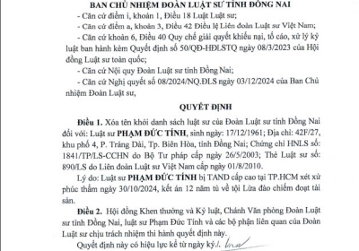QĐ số 15 V/v XÓA TÊN LUẬT SƯ PHẠM ĐỨC TÍNH