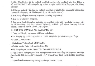Hướng dẫn thủ tục đăng ký tập sự hành nghề luật sư tại Đoàn Luật sư tỉnh Đồng Nai.