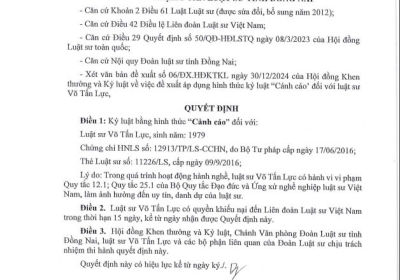QUYẾT ĐỊNH SỐ 02/2025/QĐ-BCN về việc kỷ luật Luật sư  Võ Tấn Lực