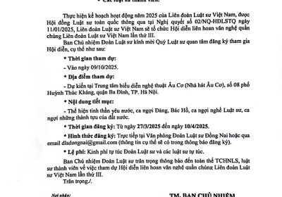 THÔNG BÁO SỐ 13/2025/TB.ĐLS V/v ĐĂNG KÝ HỘI DIỄN LIÊN HOAN VĂN NGHỆ QUẦN CHÚNG LIÊN ĐOÀN LUẬT SƯ VIỆT NAM LẦN THỨ  III.