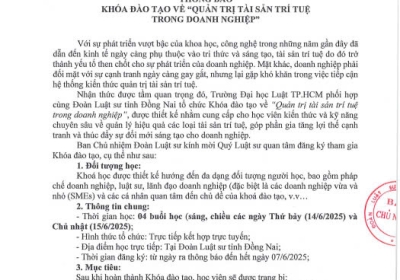 THÔNG BÁO ĐĂNG KÝ KHÓA ĐÀO TẠO  VỀ “QUẢN TRỊ TÀI SẢN TRÍ TUỆ  TRONG DOANH NGHIỆP” - TRƯỜNG ĐẠI HỌC LUẬT TP.HCM