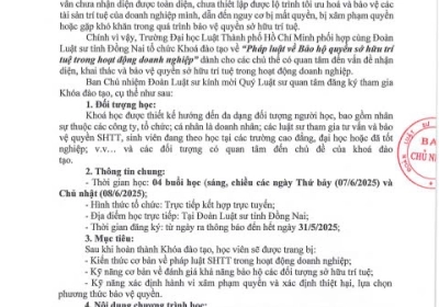 THÔNG BÁO ĐĂNG KÝ KHÓA ĐÀO TẠO VỀ “PHÁP LUẬT VỀ BẢO HỘ QUYỀN SỞ HỮU TRÍ TUỆ TRONG HOẠT ĐỘNG DOANH NGHIỆP” - TRƯỜNG ĐẠI HỌC LUẬT TP.HCM