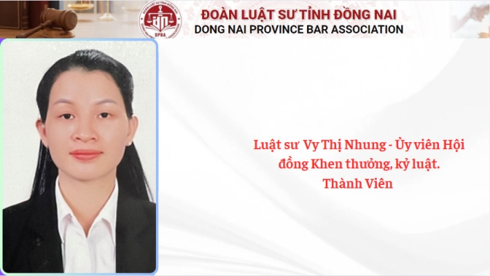 Luật sư  Vy Thị Nhung - Ủy viên Hội đồng Khen thưởng, kỷ luật:Thành Viên